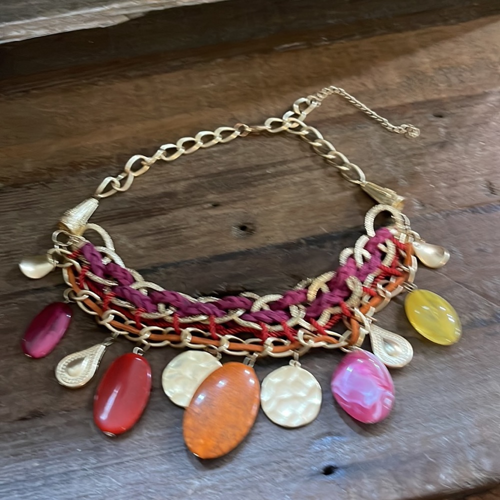 Gold Toned Necklace Boho Orange Pink Yellow Stone Braided Leather 18" Ad…